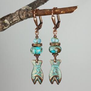 HAND CRAFTED Coastal Artisan Turquoise Jasper Fish Earrings Boho Beach Copper